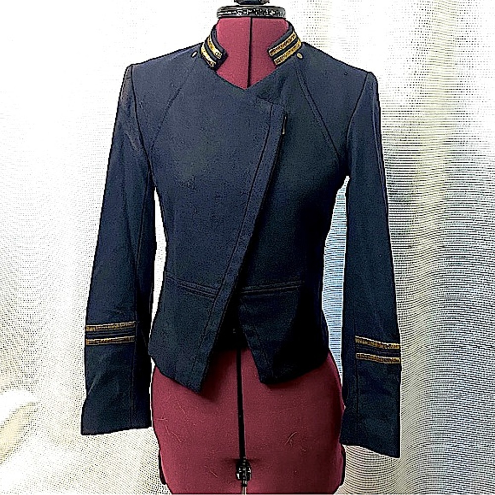 Military Inspired Wool Blend Asymmetrical Zip Blazer Jacket. US6